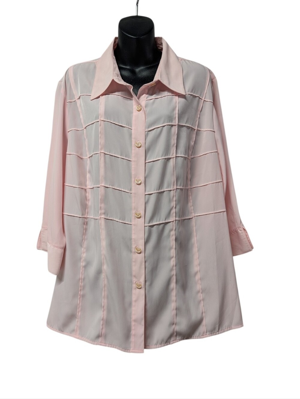 Cathy Che Pink Grid Button Down Blouse 18/20W Plus Sz 3/4 Sleeve Collared Shirt